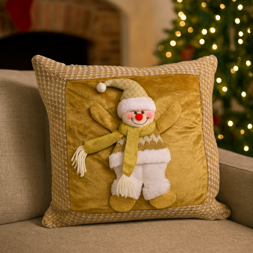 Funda Cojin Navideño Relieve DORADO MUÑECO NIEVE
