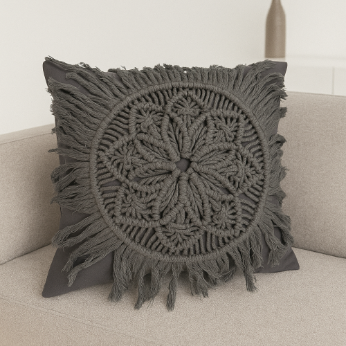 FUNDA DE COJIN MACRAME MANDALA GRIS
