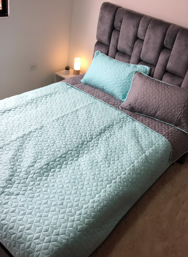 Colcha fiore verde menta - gris